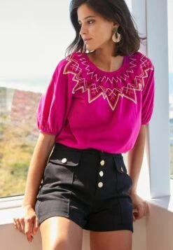 Next Short Puff Sleeves Embroidered Smock Standard - Blouse - Pink