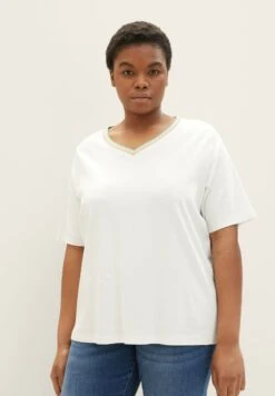 Tom Tailor Mit Farbigem Ripp-Kragen - T-Shirt Basique - Whisper White
